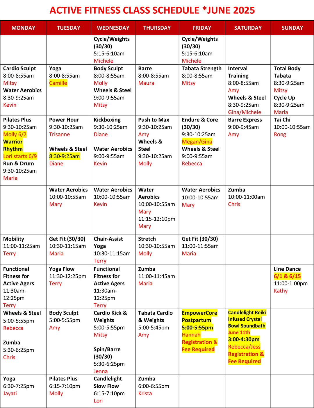 Group Fitness Class Schedule
